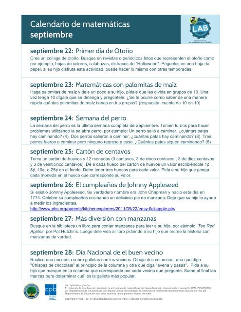 Calendario de matemáticas septiembre - PBS Kids