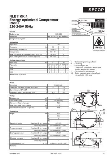 NLE11KK.4 Energy-optimized Compressor R600a 220 ... - Secop