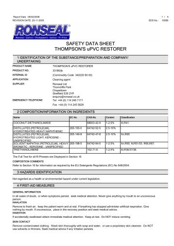 SAFETY DATA SHEET THOMPSON'S uPVC RESTORER - Toolbank