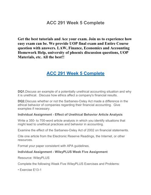 ACC 291 Week 5 Complete UOP HomeWork Tutorial