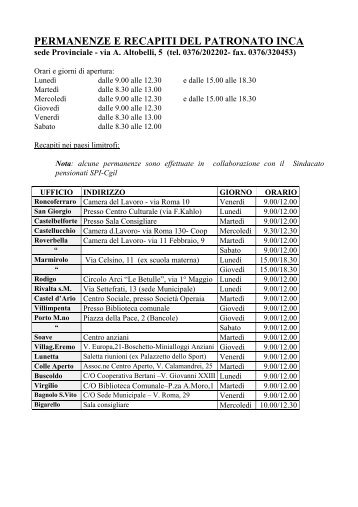 orari permanenze e recapiti del patronato inca - CGIL Mantova