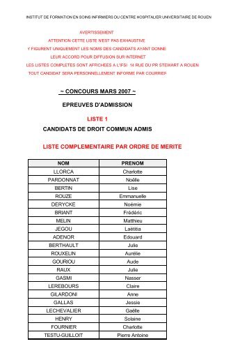 concours mars 2007 ~ liste complementaire par ... - CHU de Rouen