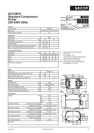 SC21MFX Standard Compressor R134a 220-240V 50Hz - Secop