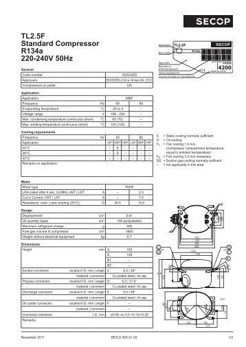 TL2.5F Standard Compressor R134a 220-240V 50Hz - Secop