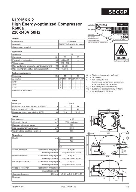 NLX15KK.2 High Energy-optimized Compressor R600a 220 ... - Secop