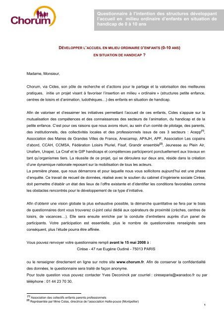 Questionnaire Ã  l'intention des structures dÃ©veloppant l'accueil en ...