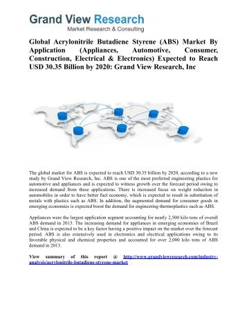 global acrylonitrile butadiene styrene market profiles Acrylonitrile butadiene styrene market to gain from increasing use of the product in various automotive applications including manufacturing of external parts till 2022: the global acrylonitrile butadiene styrene market size was usd 2022 billion in 2014. global acrylonitrile butadiene styrene market profiles Acrylonitrile butadiene styrene market to gain from increasing use of the product in various automotive applications including manufacturing of external parts till 2022: the global acrylonitrile butadiene styrene market size was usd 2022 billion in 2014.