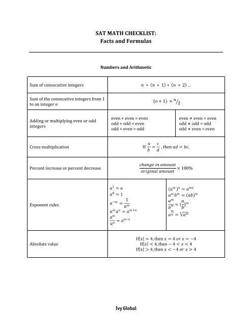 SAT MATH CHECKLIST: Facts and Formulas - Ivy Global