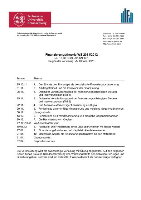 Finanzierungstheorie WS 2011/2012 - Institut für Finanzwirtschaft ...