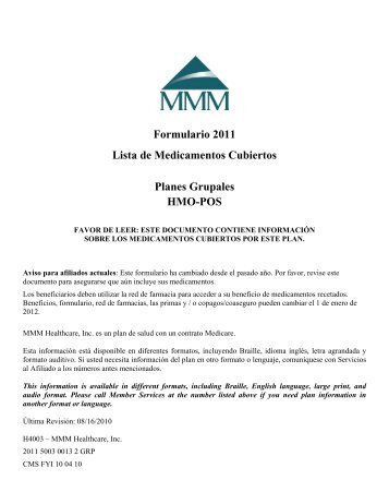 Formulario 2011 Lista de Medicamentos Cubiertos Planes ... - MMM