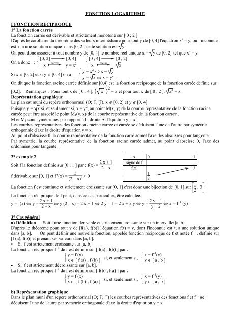 FONCTION LOGARITHME I FONCTION RECIPROQUE 1Â° La ...