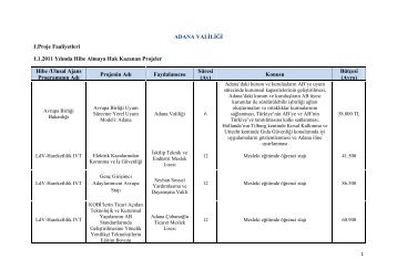 ADANA VALĠLĠĞĠ 1.Proje Faaliyetleri 1.1.2011 Yılında Hibe ...