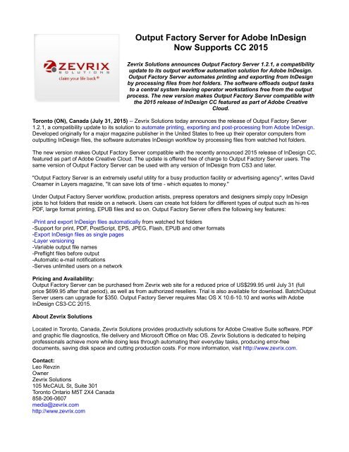 Output Factory Server for Adobe InDesign Now Supports CC 2015