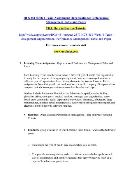 HCS 451 week 4 Team Assignment Organizational Performance Management ...