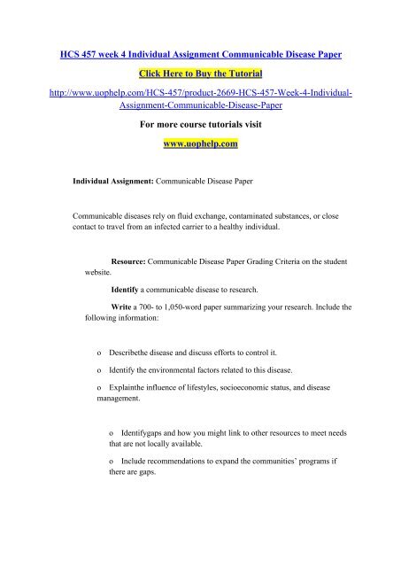 HCS 457 week 4 Individual Assignment Communicable Disease Paper/uophelp
