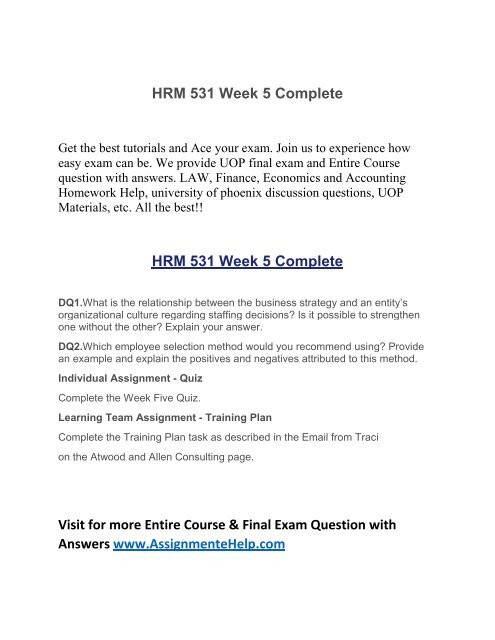 HRM 531 Week 5 Complete UOP HomeWork Tutorial