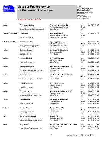 Liste der Fachpersonen für Bodenverschiebungen