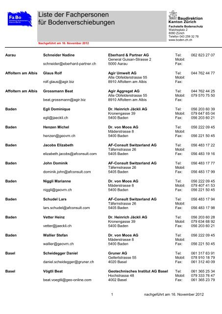 Liste der Fachpersonen für Bodenverschiebungen