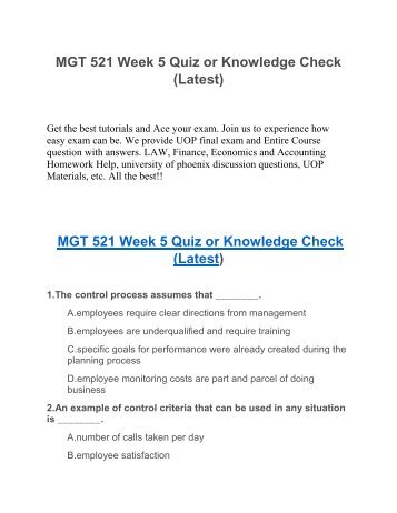 MGT 521 Week 5 Quiz or Knowledge Check (Latest) UOP HomeWork Tutorial