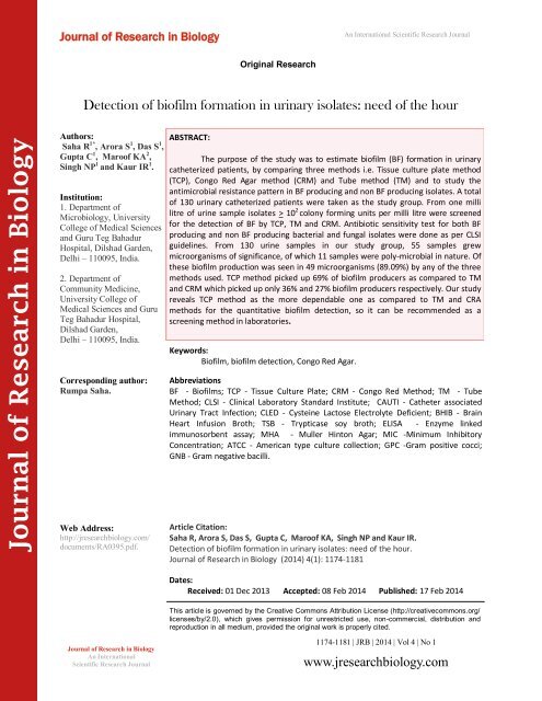 Detection of biofilm formation in urinary isolates: need of the hour