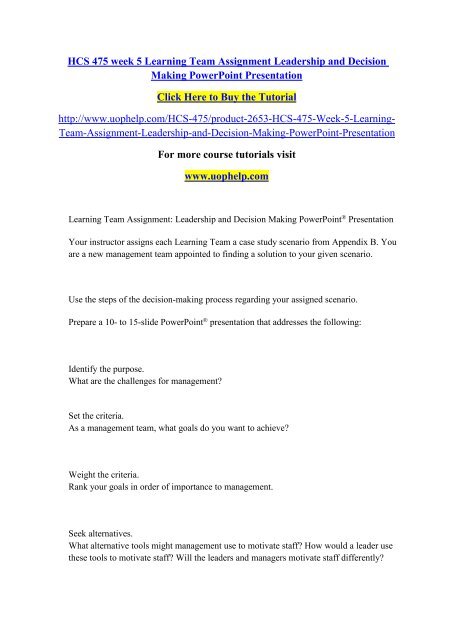 HCS 475 week 5 Learning Team Assignment Leadership and Decision Making ...