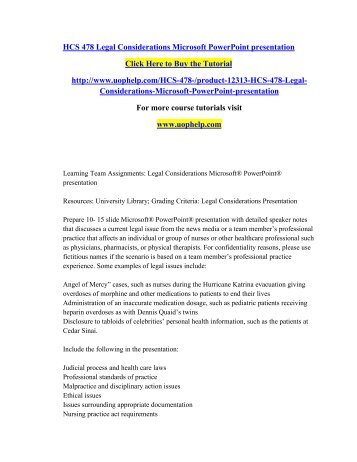 HCS 478 Legal Considerations Microsoft PowerPoint presentation/uophelp