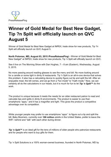 Winner of Gold Medal for Best New Gadget, Tip 'n Split will officially launch on QVC August 5.pdf