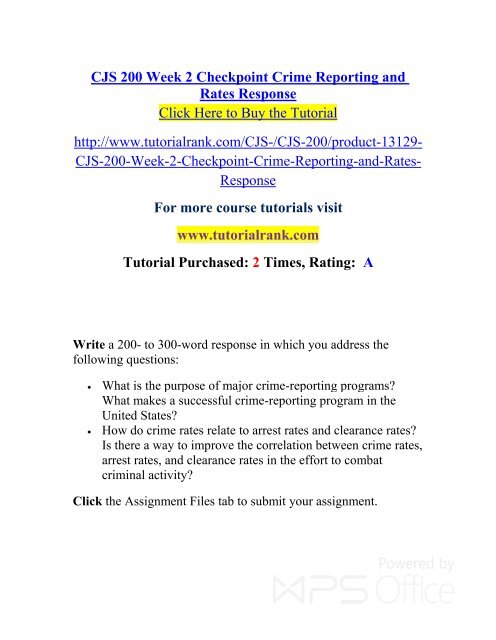 CJS 200 Week 2 Checkpoint Crime Reporting and Rates Response/TutorialRank