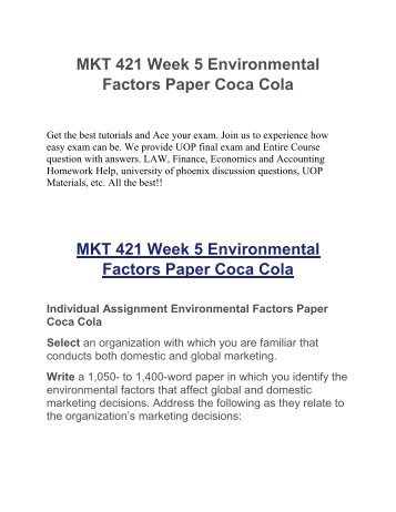 MKT 421 Week 5 Environmental Factors Paper Coca Cola UOP HomeWork Tutorial