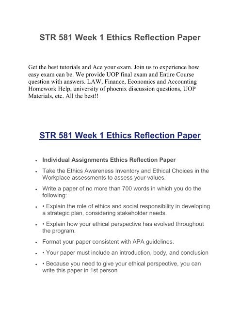 STR 581 Week 1 Ethics Reflection Paper UOP HomeWork Tutorial