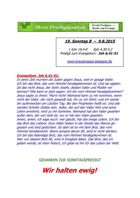 PREDIGT -- 19. Sonntag im Jahreskreis B --- 9.8.2015