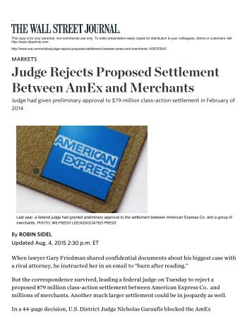 Judge Rejects Proposed Settlement Between AmEx and Merchants - WSJ.pdf