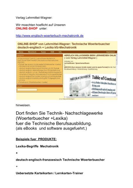 ONLINE-SHOP  fuer Technik Nachschlagewerke (englisch Woerterbuecher Lexika Mechatronik