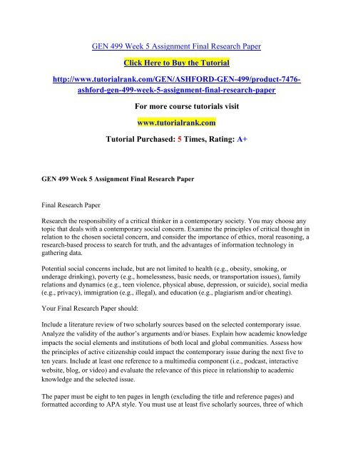 GEN 499 Week 5 Assignment Final Research Paper/Tutorialrank