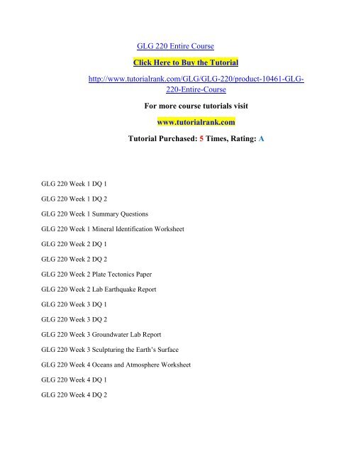 GLG 220 Entire Course/Tutorialrank