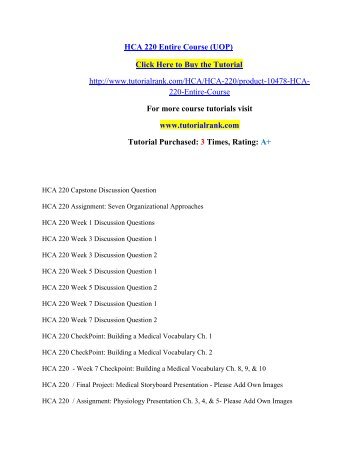HCA 220 Entire Course/Tutorialrank