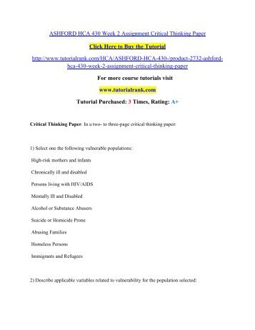 ASHFORD HCA 430 Week 2 Assignment Critical Thinking Paper/Tutorialrank