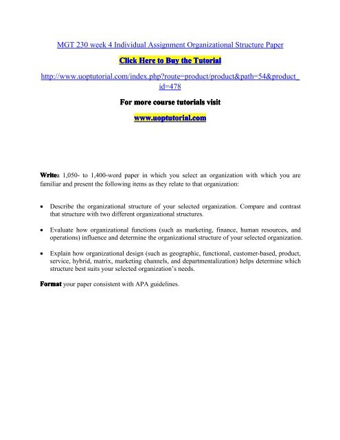 Mgt 230 Week 4 Individual Assignment Organizational Structure Paper Pdf