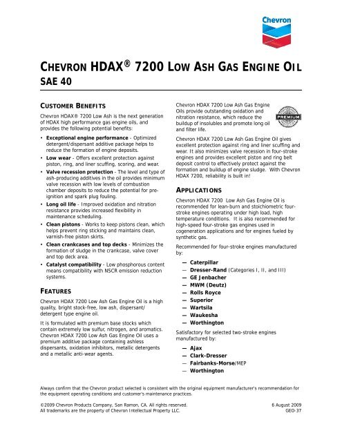 Chevron Hdax 7200 Low Ash Gas Engine Oil