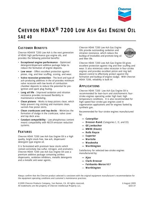 CHEVRON HDAX 7200 LOW ASH GAS ENGINE OIL