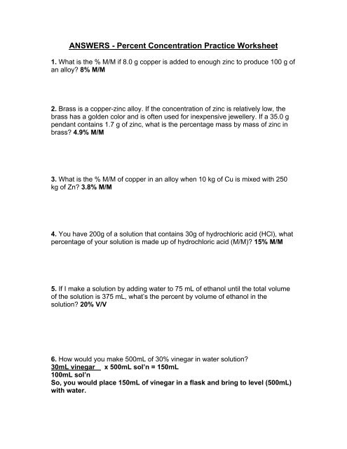 ANSWERS - Percent Concentration Practice Worksheet