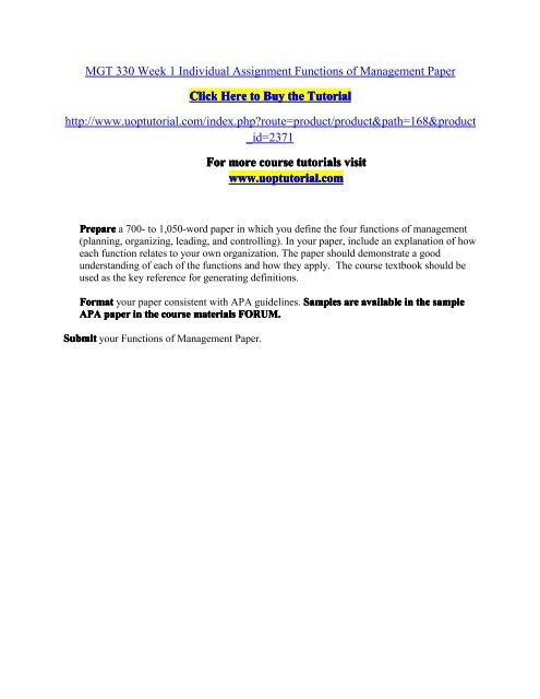 MGT 330 Week 1 Individual Assignment Functions of Management Paper