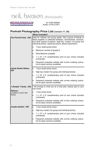 Portrait Photography Price List
