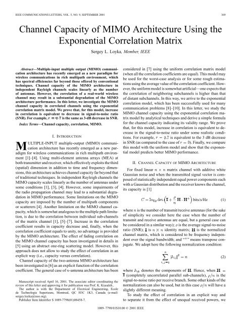 Channel capacity of MIMO architecture using the exponential ...