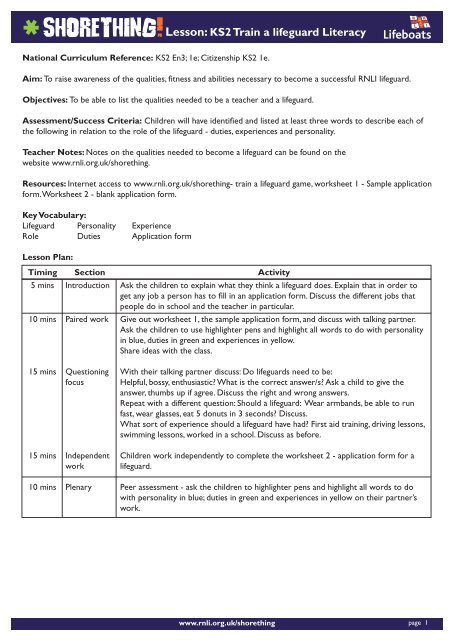 Ks2 Lesson Plans Train A Lifeguard Rnli