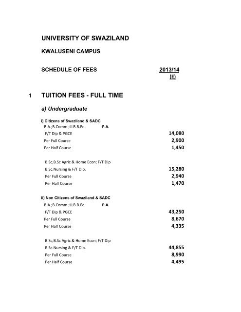 UNIVERSITY OF SWAZILAND TUITION FEES - FULL TIME