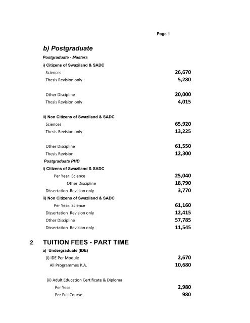 UNIVERSITY OF SWAZILAND TUITION FEES - FULL TIME