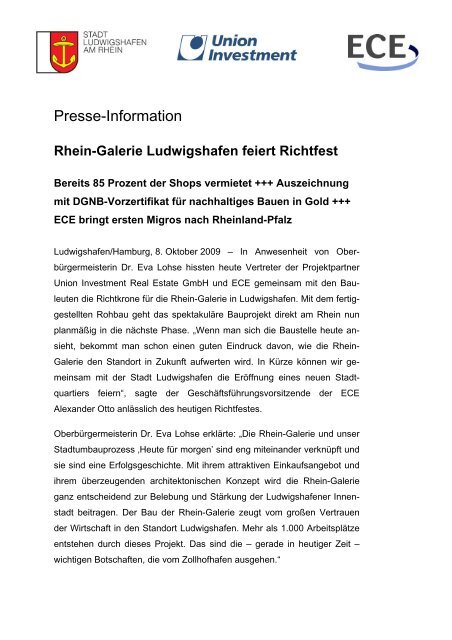 Rhein-Galerie Ludwigshafen feiert Richtfest - Union Investment