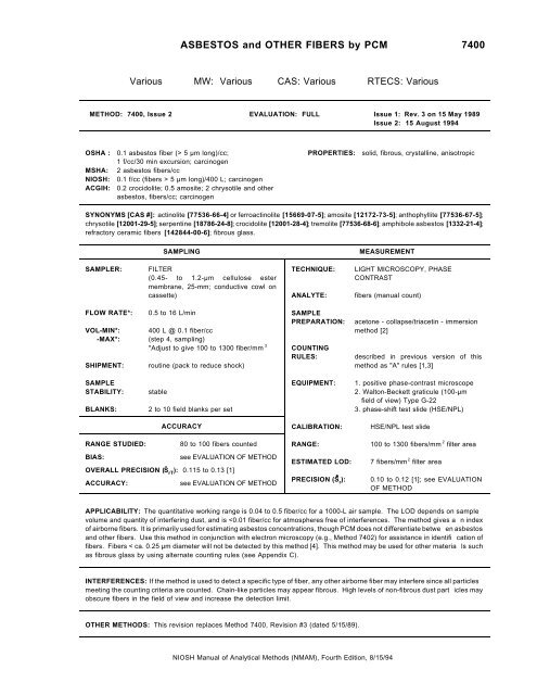 NIOSH Method 7400 : Asbestos and Other Fibers by PCM