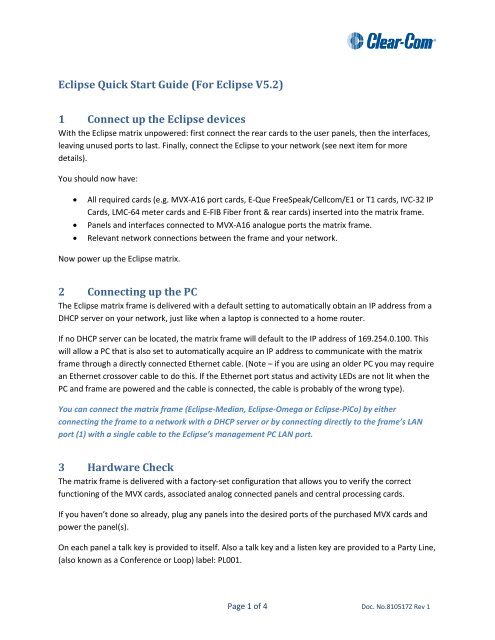Eclipse Quick Start Guide v5.2 - Clear-Com